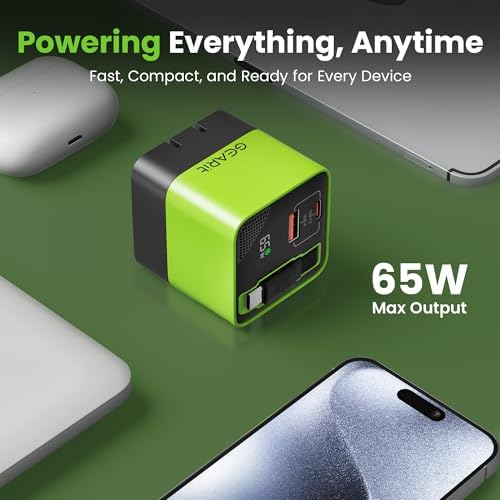 GEARit 65 W Ga N USB-C Charger with Retractable 31.5″ Cable – Dual USB-A & C Ports for Fast Charging of i Phone 15/16, Mac Book Pro/Air, i Pad Pro & Samsung S25 Ultra – Compact, Foldable Design with Power Display for Ultimate Portability and Compatibility
