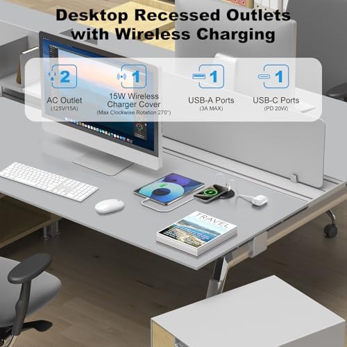 Revolutionize Your Workspace with the 3-Inch Recessed Power Grommet – Featuring 15 W Wireless Charging and 20 W USB-C Fast Charging Outlets, Plus Dual AC Power Ports and 6 ft Extension Cord for Ultimate Flexibility and Organization