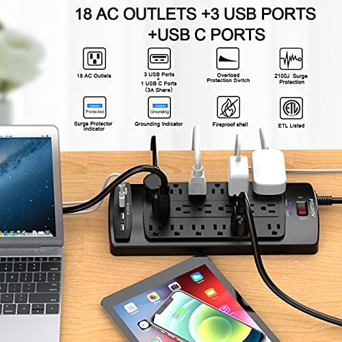 Maximize Your Power Supply with the 18-Outlet Surge Protector Power Strip – 6 Feet Heavy-Duty Extension Cord Featuring 4 Fast USB Ports, 2100 Joules of Surge Protection, and ETL Certification for Ultimate Safety and Compatibility