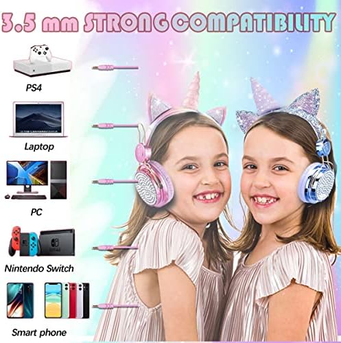 Light Purple Unicorn Cat Ear Bluetooth Headphones for Kids – Safe Listening with Volume Limiting, FM Radio & Dual Connectivity for Fun Learning and Entertainment – Ideal for School, Laptops, and Smartphones