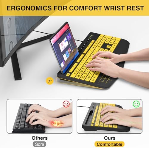SABLUTE Ergonomic Large Print Wired Keyboard with Wrist Rest & Phone Holder – Perfect for Enhanced Visibility and Comfort in Windows, Desktop & Laptop Use – Eye-Catching Yellow Design for Effortless Typing Experience