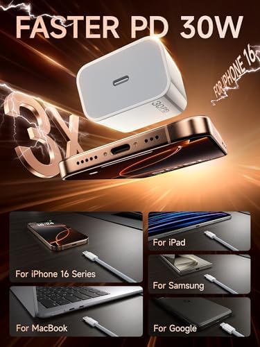 Upgrade Your Charging Game with the 30 W MFi Certified Fast Charger for i Phone 16 e – Includes 6.6 ft Durable USB-C Cable for Optimal Performance and Versatile Use – Perfect for i Phone 16 Plus, 16 Pro Max, 15, and i Pad Pro – Compact, Lightweight Design for Home, Office, and Travel