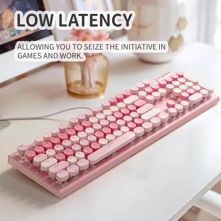 Charming Retro Pink Wired Keyboard with White Backlighting, Volume Control Knob, and Adjustable Stands – Perfect for Stylish Typing on PC or Laptop – Enhance Your Workspace Aesthetic Today!