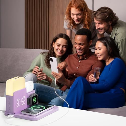 Ultimate 7-in-1 Wireless Charging Station with Dual Alarm Clock – Versatile Charging Dock for i Phone 11-16, Samsung Phones, Apple Watch 9-5/SE, and Air Pods 3/2 (Elegant Purple) – Fast Charging, Space-Saving Design for Modern Lifestyles