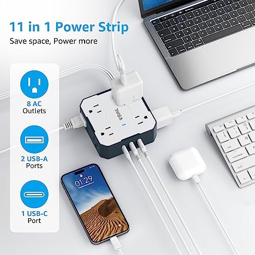 Ultimate Surge Protector Power Strip with 5 Ft Flat Plug Extension Cord, 3 USB Charging Ports (Including 1 USB-C) and 8 AC Outlets – Wall Mountable Multi-Plug Outlet Extender for Home and Office Efficiency, Enhanced Device Compatibility and Fast Charging Solutions