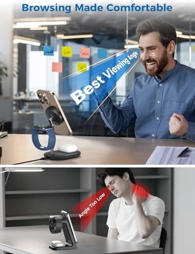 All-in-One Wireless Charging Station for Apple Devices – 15 W Fast Qi-Certified Mag-Safe Charger for i Phone 16, 15, 14, 13, 12, Apple Watch & Air Pods – Adjustable Viewing Angle, Ideal Gift for Women – Enhance Your Charging Efficiency and Style