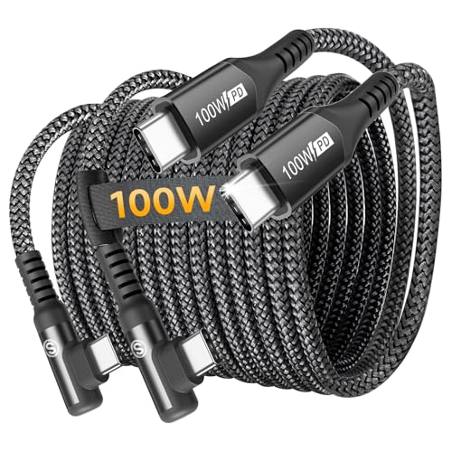 Ultimate 10 FT Right Angle USB-C to USB-C Cable (2-Pack) – 100 W Power Delivery for Fast Charging i Phone 16, Mac Book & Galaxy – Durable Tangle-Free Nylon Braided Design for Tight Spaces – Enhanced Flexibility for All Your Devices