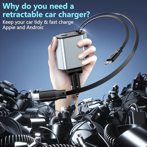 Ultimate Retractable Car Charger – 120 W Power Output, 4-Port Rapid Charging Hub with 2.7 Ft Tangle-Free Cables for i OS & Android Devices, Ideal for Road Trips and Family Travel, Compact Design for Seamless Vehicle Integration