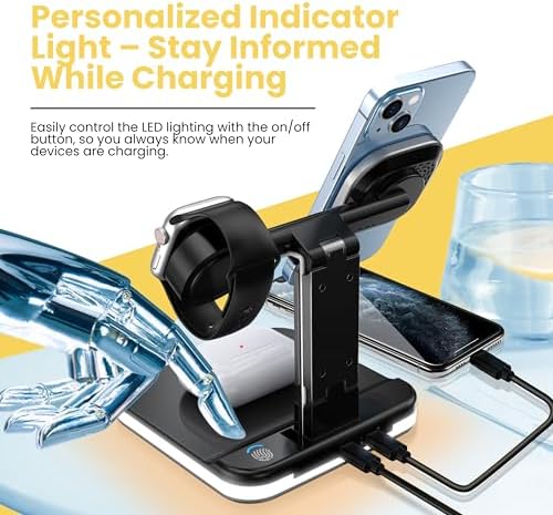 Elevate Your Charging Experience with the Lumi Charge 4-in-1 Qi Wireless Charging Station – Fast, Sleek Multi-Device Dock for Mag Safe, Apple Watch & Air Pods – Innovative Charging Hub Featuring Integrated LED Night Light, USB-C Cable, and Safety Features – Space-Saving Solution for Tech Lovers