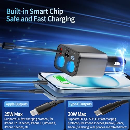 Paiholy Advanced 5-in-1 Retractable Car Charger with Dual USB Ports and Dual Cigarette Lighter Outlets – 159 W Fast Charging Solution for i Phone and All Car Electronics – Clutter-Free Design for Ultimate Travel Convenience