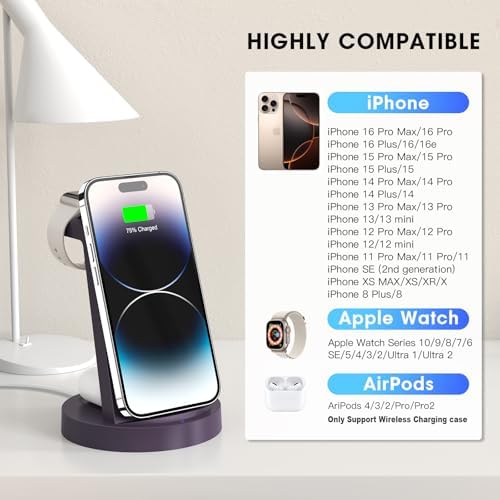 Sleek 3-in-1 Wireless Charging Station for i Phone & Apple Watch – Fast Charging Dock for Air Pods 11-16, Pro Max Models – Stylish Rose Finish & Space-Saving Design for Efficient Device Organization
