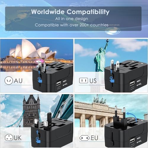 Ultimate Worldwide Travel Adapter: All-in-One Universal Plug Converter with High-Speed USB Type-C Charging Ports – Ideal for Seamless Connectivity in USA, Europe, UK, and Australia – Maximize Charging Efficiency and Versatility for All Your Devices