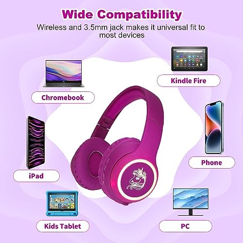 Charming Cat Ear Kids Bluetooth Headphones – Stylish Wireless On-Ear Design with Volume Limiter & LED Lights for Safe Listening – Compatible with Amazon Fire Tablets, Laptops, and More (Vibrant Pink) – Ideal for Toddlers and Young Music Lovers!