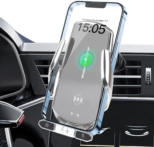 JUSCCZ 15 W Auto-Clamping Wireless Car Phone Holder – Fast Charging Solution for Smartphones with Secure Grip and Elegant Black Design for Safe Navigation While Driving