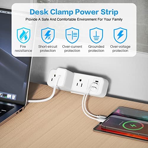 Premium Desk Clamp Power Strip with USB C – 3 Outlet Extension Cord for Streamlined Workspaces, 6.5 ft Thin Cable, Space-Saving Flat Plug Design for Easy Mounting on 1.6 inch Desktops – Fast Charge Capability for Modern Devices