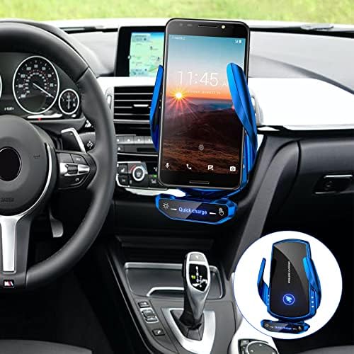 Blue Wireless Car Charger Mount – 15 W Fast Charging Auto-Clamping Phone Holder for Android Devices, Stylish Dashboard Accessory for Effortless Navigation and Secure Charging