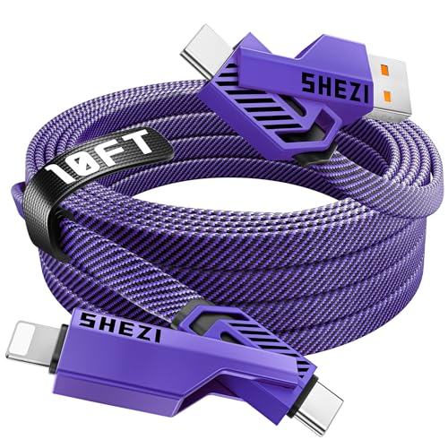 SHEZI 4-in-1 Fast Charging USB C Cable – 60 W Power Delivery with Lightning, USB C, and USB A Ports – 5 FT Durable Flat Nylon Braided Cord – Stylish Pink Design for i Phone, i Pad, and More – High-Speed 480 Mbps Data Transfer Solution for All Your Devices