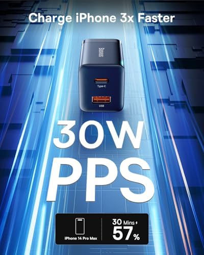 Baseus 30 W Dual Port USB C PD Charger Block – Ultra-Fast Charging Solution with Foldable Plug for i Phone 15 Series, i Pad Pro, Samsung Galaxy, and Pixel 6 – Compact Design for Travel and Home Use, Enhanced Safety Features for Reliable Performance