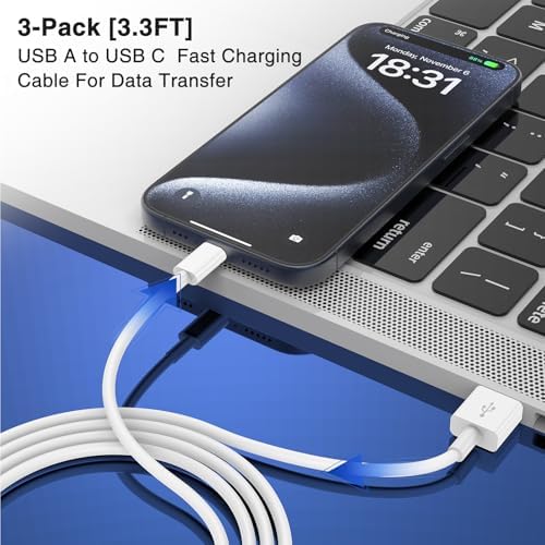 3-Pack Black [3.3FT+3.3FT+6FT] USB A to USB C Cable，USB to USB C Car Carplay Cable for iPhone 16 15 Pro Plus Pro Max，for iPad Pro/Air/Mini，for Samsung S24/S23/S22，for MacBook Pro/Air and More – Enhanced Compatibility and Speed