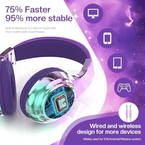 Qear Fun Kids Bluetooth 5.3 Headphones – Ultra-Lightweight Foldable Wireless Headset with Rapid Charging and Integrated Microphone for Seamless School and Travel Listening – Trendy Metallic Gradient Finish for Young Music Lovers – Perfectly Compatible with Tablets and i Pads – Superior Comfort and Sound Quality for Young Listeners