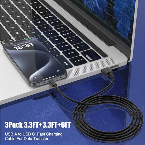 6 FT USB A to USB C Carplay Charging Cable – 3-Pack for i Phone 15/16, i Pad Pro/Air/Mini, Samsung Galaxy S25/S24/S23, and Mac Book – Fast Charging & High-Speed Data Transfer for Enhanced Compatibility on the Go