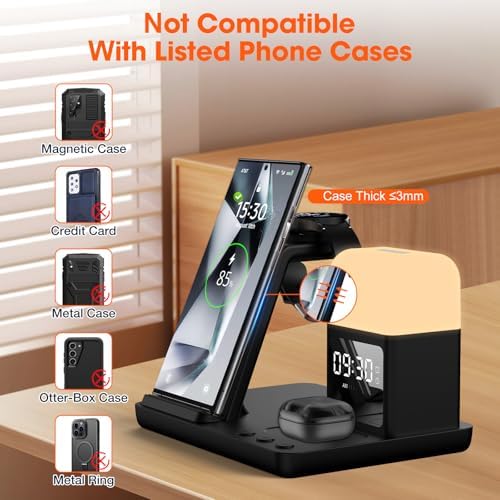Ultimate 6-in-1 Wireless Charging Station for Samsung & Android: Fast Charger with Alarm Clock & Night Light for Galaxy S25 Ultra, S24, S23, and Samsung Watch7 – Space-Saving Design, Enhanced Compatibility, and Sleek Black Finish for Modern Living