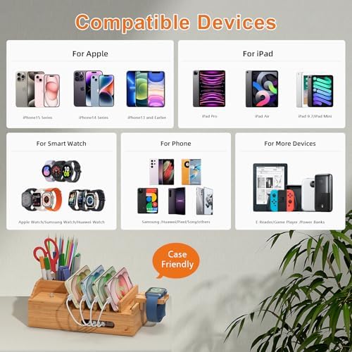 Sleek Bamboo Multi-Device Charging Station with 5 USB Ports, Integrated Smart Watch Stand & 5 Charging Cables – Ultimate Desktop Organizer for Cell Phones, Tablets & Smartwatches – Eco-Friendly Design for Fast Charging & Clutter-Free Spaces
