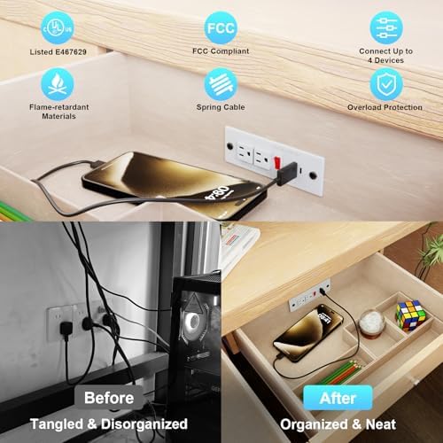 Recessed Drawer Power Strip Kit: Clutter-Free Charging Solution with PD 20 W Fast Charge, Dual USB Ports (Type A & C), and Dual 12 Amp AC Outlets – 7.2 FT Cord for Flexible Setup and Enhanced Workspace Efficiency