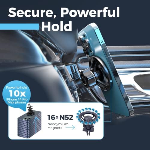 Power Theory Magnetic Car Phone Holder – Ultimate Mag Safe Compatibility for i Phone 14/13/12 Series, Effortless One-Handed Use, Versatile Vent & Dash Mount, Secure Portrait & Landscape Viewing, Elevate Your Driving Experience with Enhanced Safety and Convenience