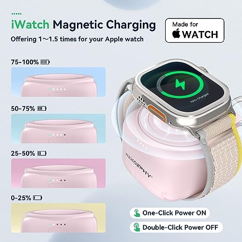 Dreamy Pink Portable Charger for Apple Watch – Wireless Magnetic Power Bank with 1200 m Ah Capacity, MFi Certified for All Models Including Series 9/8/7/6/5/4/3/2/SE/Ultra/Ultra 2 – Stylish & Compact Design for On-the-Go Charging Solutions