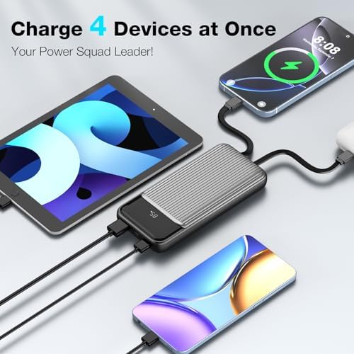 Compact 10,000 m Ah Portable Charger with Built-in Cable and LED Display – High-Speed Power Bank for i Phone, Samsung, i Pad & Android – Four Output Ports for Multi-Device Charging on the Go – Ultimate Travel Companion for Effortless Connectivity and Reliability