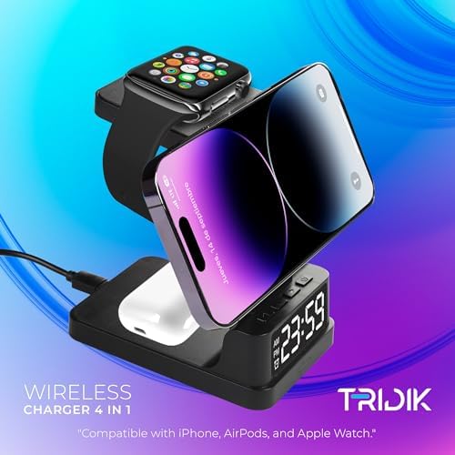 TRIDIK 4-in-1 Wireless Charging Station with Digital Clock & Alarm – 15 W Fast Charger for i Phone, Apple Watch & Air Pods – Includes 20 W Adapter – Ultimate Dock for Enhanced Compatibility & Sleek Design