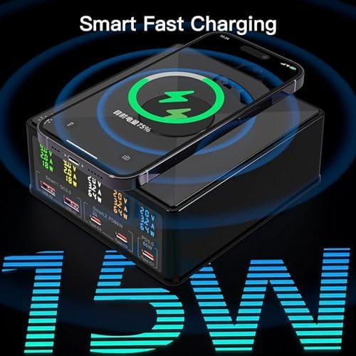 160 W Multi-Port USB Charging Station with Wireless Pad & Real-Time Digital Monitor – Advanced PD 3.0 Fast Charging Hub for Home and Office Efficiency – Elevate Your Device Power Management with Sleek Design and Versatile Compatibility