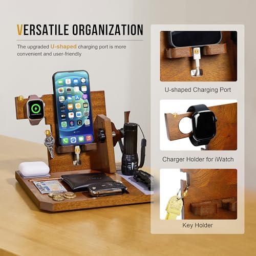 ONETIGRIS Nightstand Organizer, Gifts for Men Women Dad Husband Son Boyfriend Wife, Wood Phone Docking Station Gifts for Father’s Day, Birthday Mother’s Day and Valentine’s Day – Enhanced Compatibility and Speed
