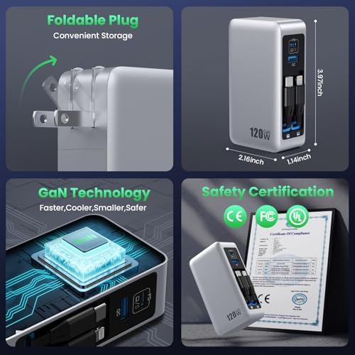 120 W Ga N IV USB-C Charger Station with Dual Retractable Cables – Fast Charging Wall Adapter for Mac Book, i Pad, i Phone 16/15/14, Galaxy S24 & Android Devices – Compact 4-in-1 Foldable Design for Effortless Travel and Enhanced Compatibility