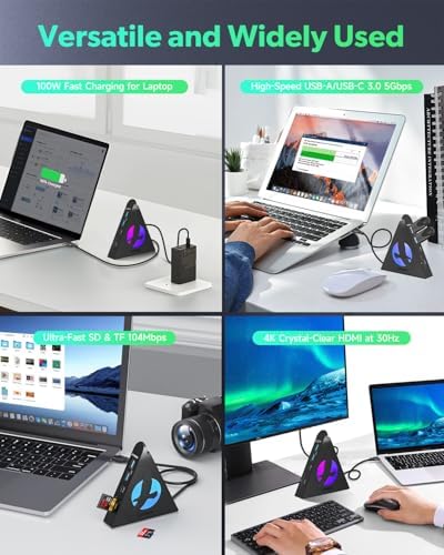 Experience Unmatched Connectivity with the 8-in-1 USB C Hub Multiport Adapter – 4 K HDMI Output, 100 W Power Delivery, and Vibrant RGB Lighting for Mac Book, Surface & i Mac – Effortless File Transfers with USB-A 3.0, USB-C, and SD Card Reader – Your Go-To Accessory for Enhanced Productivity and Seamless Device Integration
