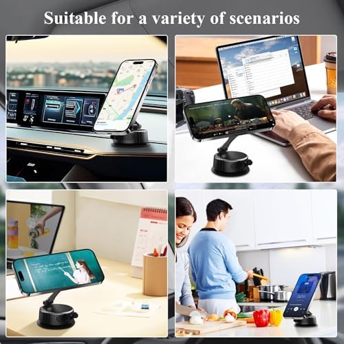Upgraded Adjustable Vacuum Magnetic Suction Cup Car Phone Holder, Vacuum Magnetic Phone Holder for Car, Hands-Free Suction Cup Phone Mount, Magnetic Phone Mount Suitable for iPhone 16/15/14/13/12 – Enhanced Compatibility and Speed