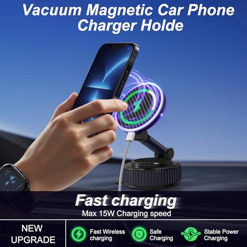 Revolutionary 15 W Magnetic Car Charger Holder – Cutting-Edge 360° Suction Mount for Effortless Wireless Charging, Ideal for i Phone & Android with Superior Mag Safe Compatibility – Compact, Portable, and Unrivaled Stability for All Surfaces