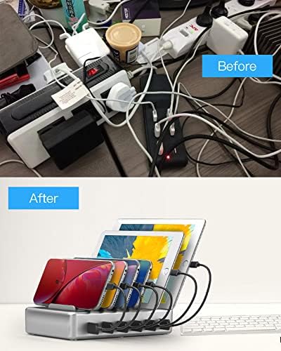 Revolutionize Your Charging Routine with the 6-Port Ultra-Fast Charging Station for i Phones, Android Devices, and Tablets – All-in-One Docking Solution Featuring Six Versatile Cables and UL Certification for Safety – Ideal for Home and Office Efficiency