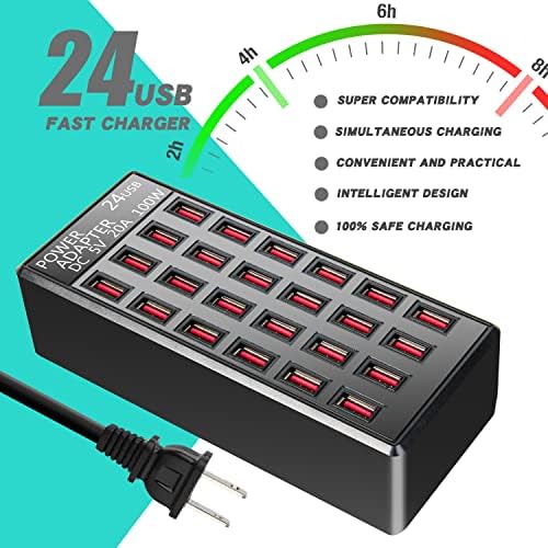Ultimate 100 W 24-Port USB Fast Charging Station – High-Efficiency Multi-Device Charger for Smartphones and Tablets, Ideal for Home and Travel Use – Compact Design with Advanced Safety Features and Enhanced Cord Management for Organized Charging Solutions