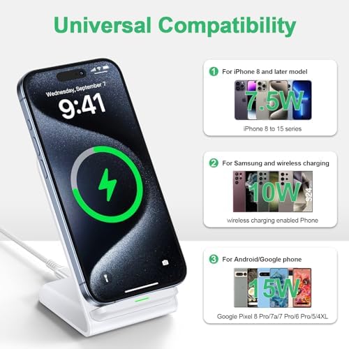 Revolutionize Your Charging Routine with the 15 W Fast Android Wireless Charger Stand – Ultimate Compatibility for Google Pixel 9 Pro/8/7/6/5 & Samsung Galaxy S24/S23 Ultra Plus/S23 FE, Complete with 18 W QC Adapter for Unmatched Speed and Safety Features – Effortless, Cord-Free Power-up Solution with Stylish Design for Home and Office