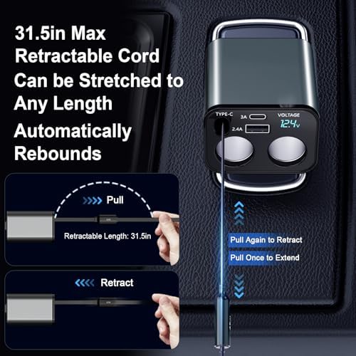 ELOHEI 66 W Retractable Car Charger – 5-in-1 Fast Charging Hub with 31.5″ Tangle-Free Cords, Dual USB Ports for i Phone 16/15/14/13/12 Pro Max & Android – Unmatched Compatibility and Speed for On-the-Go Power Solutions