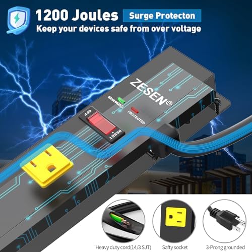 Heavy-Duty 12-Outlet Power Strip with Surge Protection – 4 ft Cord, ETL Certified for Industrial & Garage Use, Efficient Multi-Device Connectivity, Durable & Reliable Power Supply Solution for Workshops and Equipment