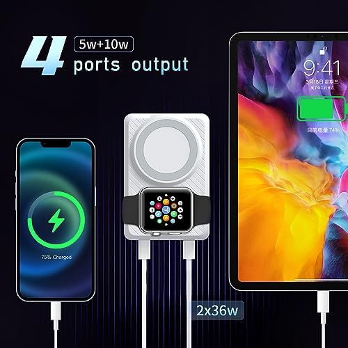 15000 m Ah Magnetic Wireless Power Bank – Fast USB-C Charger with 4 Ports, Visually Impaired-Friendly Beeper & App Tracking for i Phone 12-16 & Samsung Galaxy – Ideal for On-the-Go Charging & Enhanced Compatibility