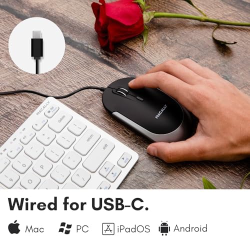 Ergonomic Macally Wired USB C Mouse – Precision Optical Sensor with Adjustable DPI (800/1200/1600/2400) for Seamless Mac & Windows Experience – Compact, Ambidextrous Design for Left and Right-Handed Users – Effortless Navigation with 3 Buttons & Scroll Wheel – Perfect Travel Companion for Enhanced Productivity