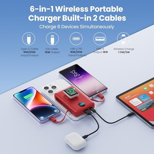 Ultimate 6-in-1 Magnetic Portable Charger, 10800 m Ah Power Bank for i Phone – Features Integrated Cables, Wireless Charging for Apple Watch, Smart LCD Display, and 25 W PD Fast Charging – Perfect Travel Accessory for All Devices with Enhanced Safety Features and Compatibility for i Phone 12 to 16 Series