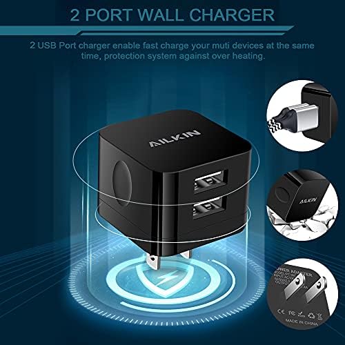 AILKIN Dual Port USB Wall Charger Pack – 2.4 A Fast Charging Power Cube for i Phone 15/14/13/12 Pro Max & Samsung Devices – Compact Travel Adapter for Simultaneous Device Charging – Sleek White Design for Home & Office Use