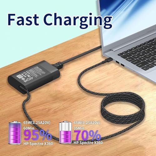 High-Performance 65 W USB-C Laptop Charger for HP Elitebook, Spectre, Envy, and Chromebook – Fast Charging AC Adapter with Enhanced 11 ft Cable for Seamless Compatibility and Reliability – Ideal Replacement for Original HP Power Supply Units
