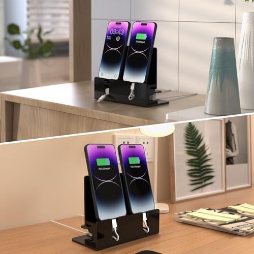 Dual Phone Holder Organizer Stand for 2 Phones, Acrylic Desktop Universal Mobile Phone Docking Station Charger Holder with Cable Management, Black – Enhanced Compatibility and Speed