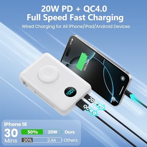 Magnetic 10800 m Ah Power Bank – All-in-One Portable Charger with Built-in Cables, 6-in-1 Functionality for i Phone 16/15/14/13/12 & Apple Watch, 20 W PD Fast Charging, Sleek White Design for On-the-Go Efficiency and Convenience